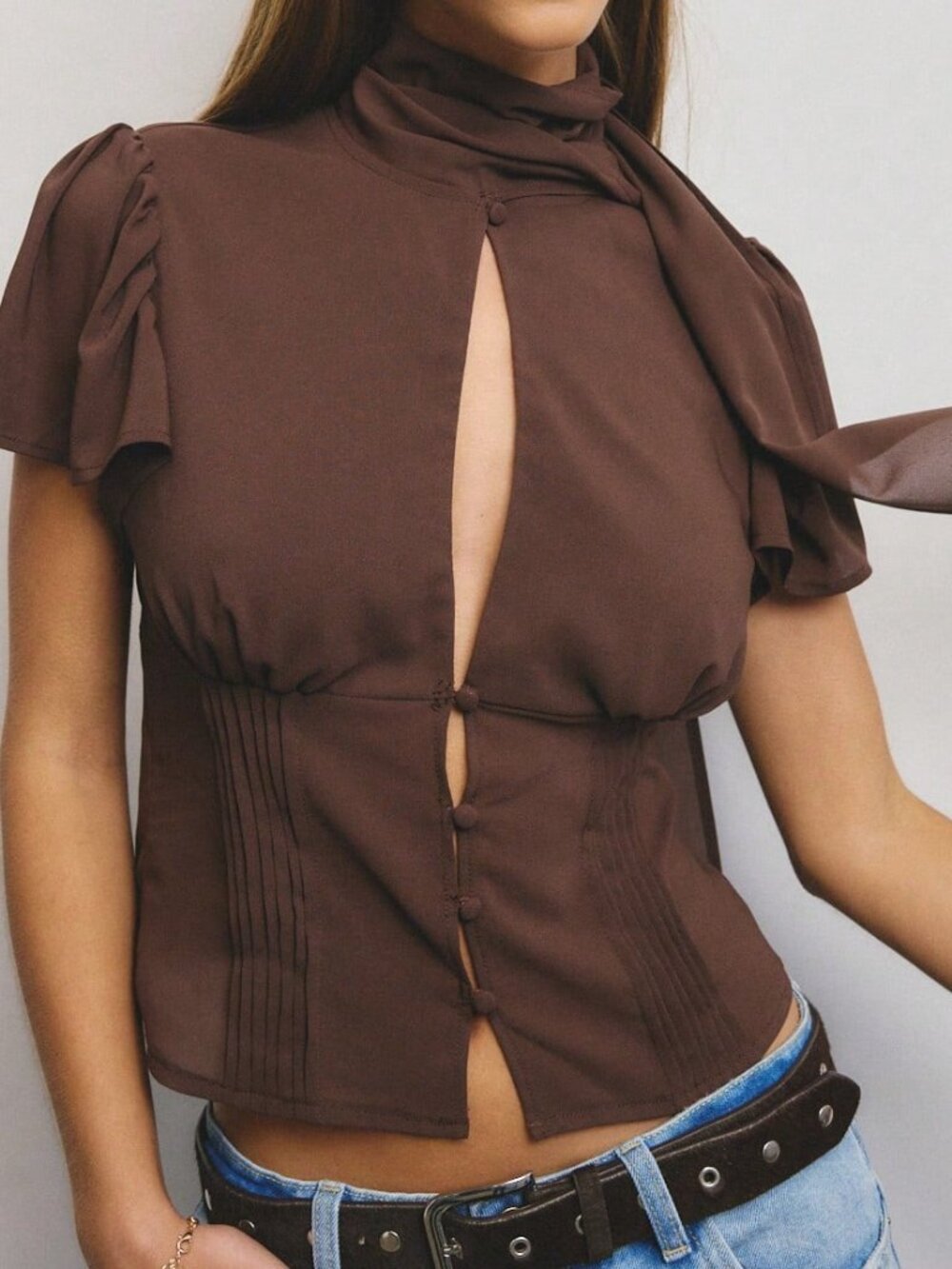 Brown Elegant Women's High Neck Scarf-Detail Puff Sleeve Button Front Woven Top - Picture 4 of 8